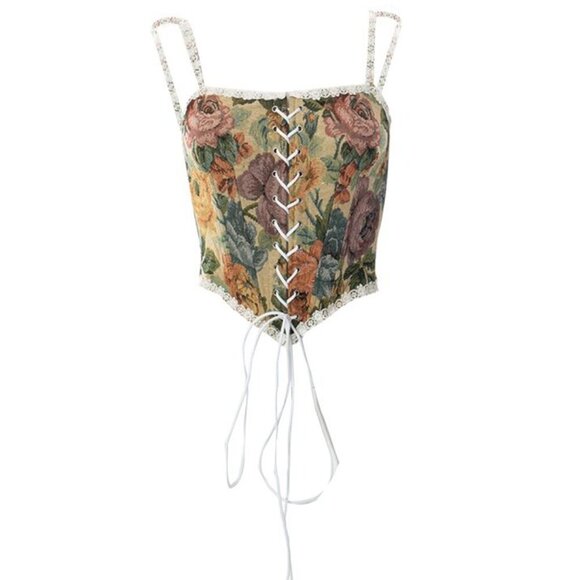 🥑2/100🥑NWT Floral Jacquard Bustier Corset Lace Crop Top Western Retro Camisole - Picture 8 of 15